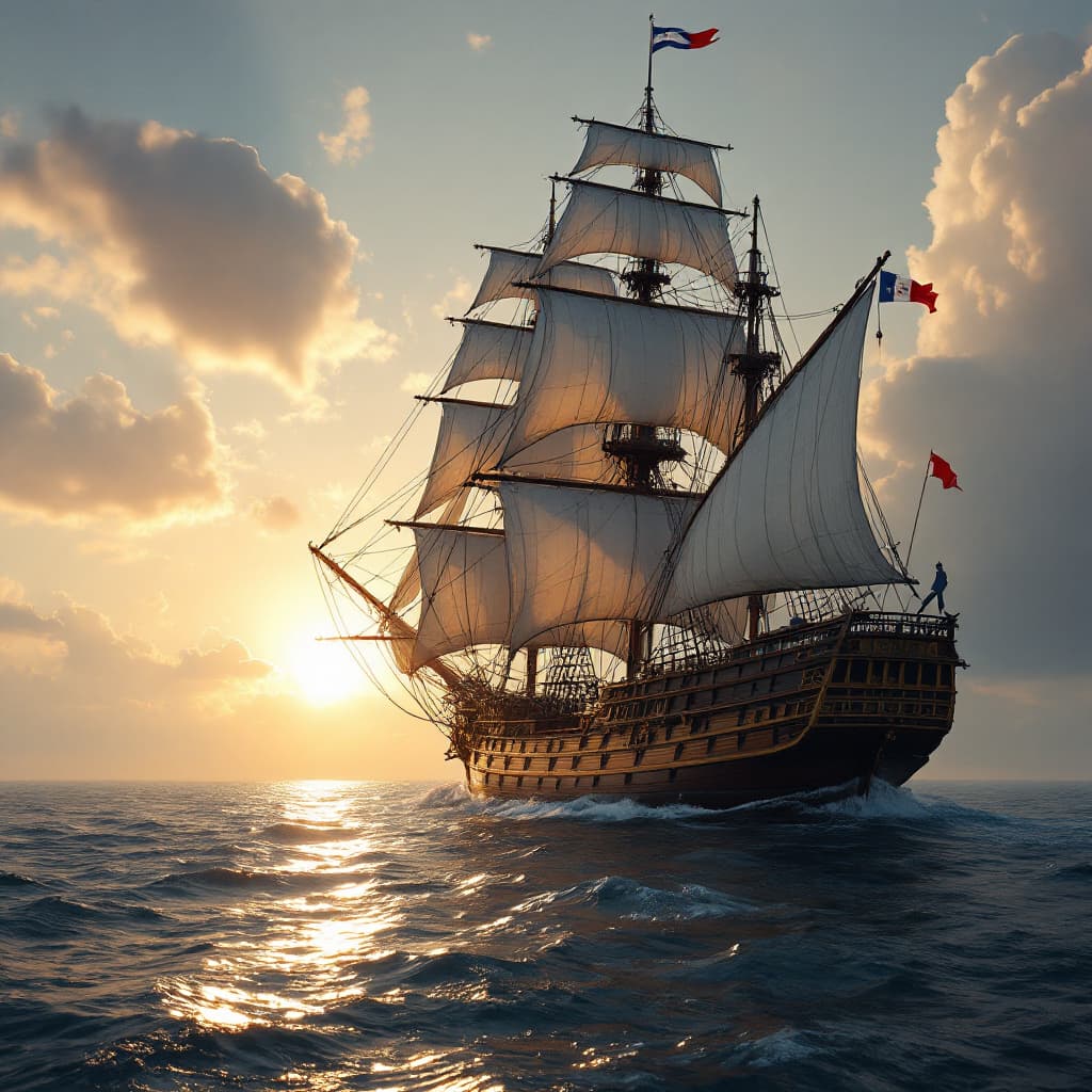 AI generated: Photo of a ultra realistic sailing ship, dramatic light, pale sunrise, cinematic lighting, battered,...
