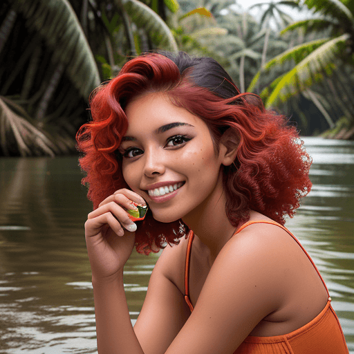 AI generated: una chica muy sana, sonriendo, morena con el pelo rizado, que esta tomando una bebida de color rojo,...