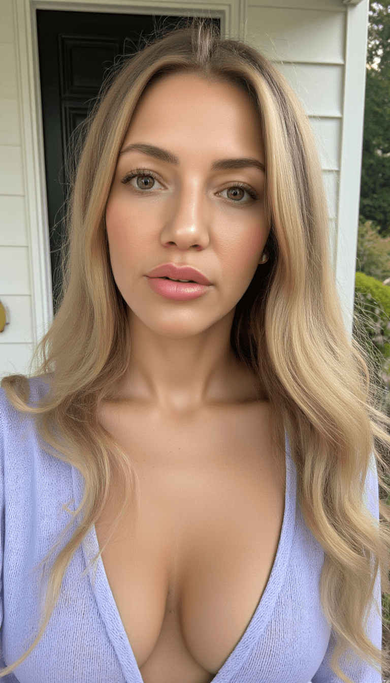 AI generated: A breathtakingly beautiful European woman stands on the front porch of her house, her long ash-white...