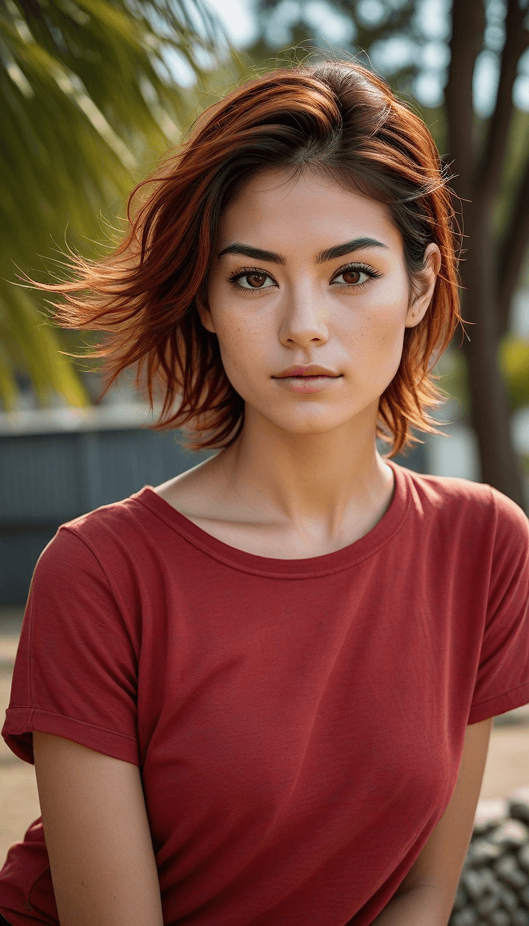 AI generated: A portrait of a young woman with a serene countenance. Her medium-length hair is styled in a wind-to...