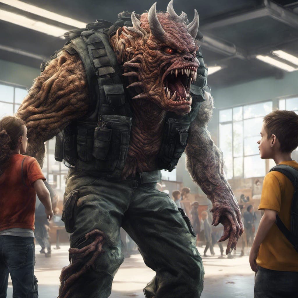 AI generated: A monster wearing a tactical bulletproof vest at school, facing towards a student, saliva drooling o...