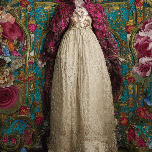 AI generated: (royal, woman, highly detailed clothes adorned with laces and floral elements, luxurious laces), rev...