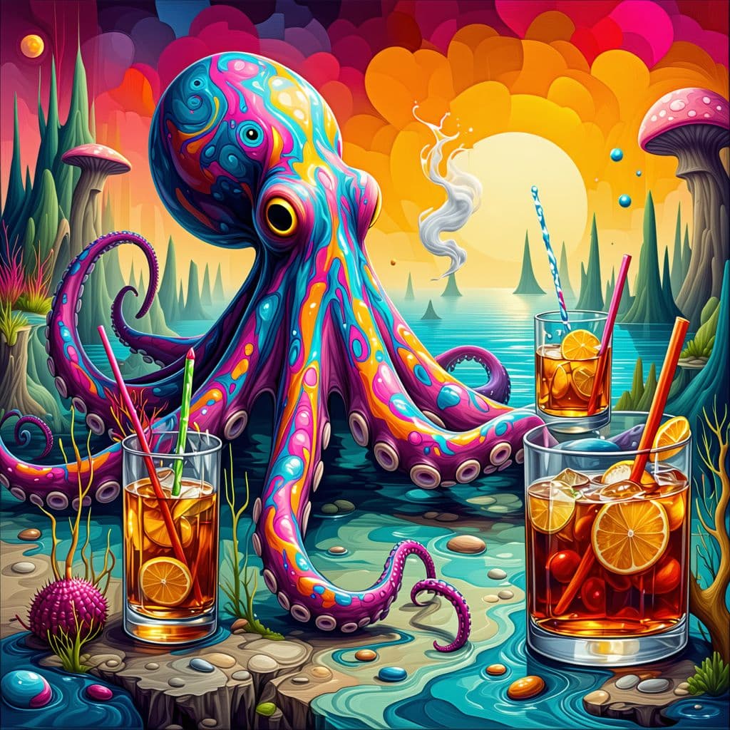 AI generated: Create a trippy, surreal picture in the style of Salvador Dali featuring a psychedelic octopus, sea ...