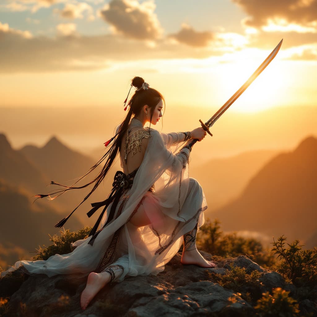 AI generated: At sunset, during golden hours, closeup photo of a Chinese warrior woman in plastic pose with sword,...