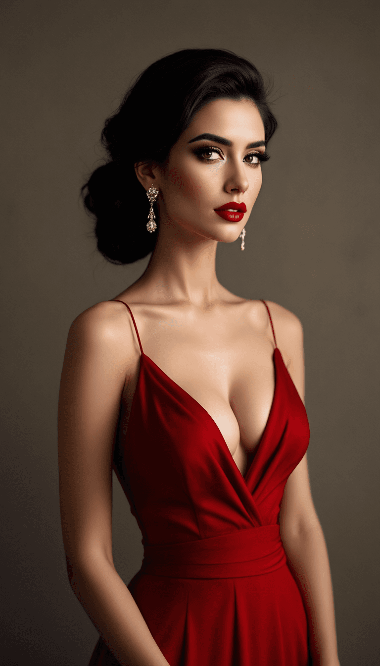 AI generated: A woman with dark hair in an elegant updo, wearing a red deep V-neck gown, bold red lipstick, and da...