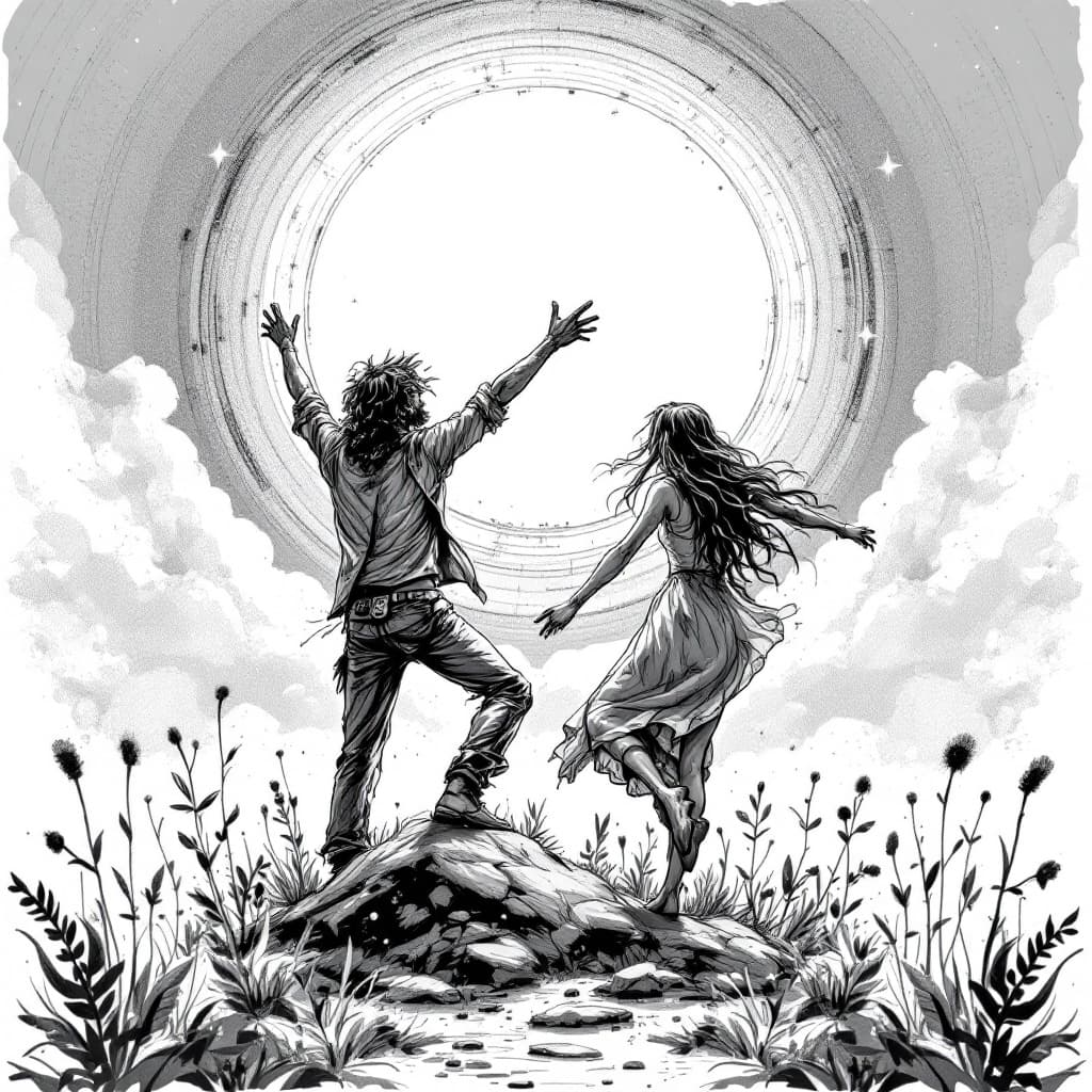 AI generated: 
A hippie and his girlfriend sketch from, the 60's of the two of them rising up from the sketch. In ...