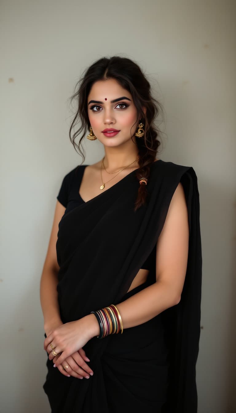 AI generated: Jennifer Connelly ,18-21 years old, Indian hair style, wearing a black saree, inhaled chest,wide ope...
