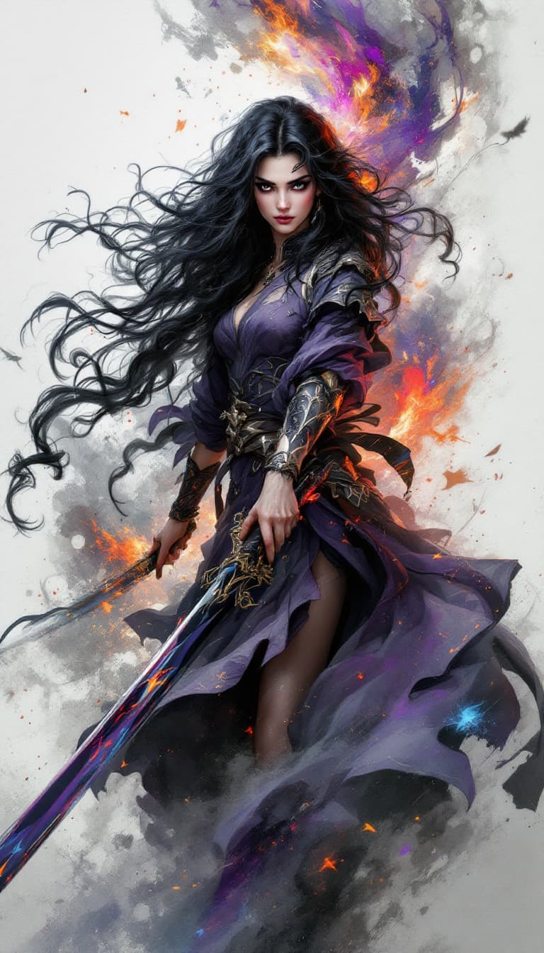 AI generated: 1 woman, double bladed sword, long curly hair, jet black hair, white background, solo, looking at vi...