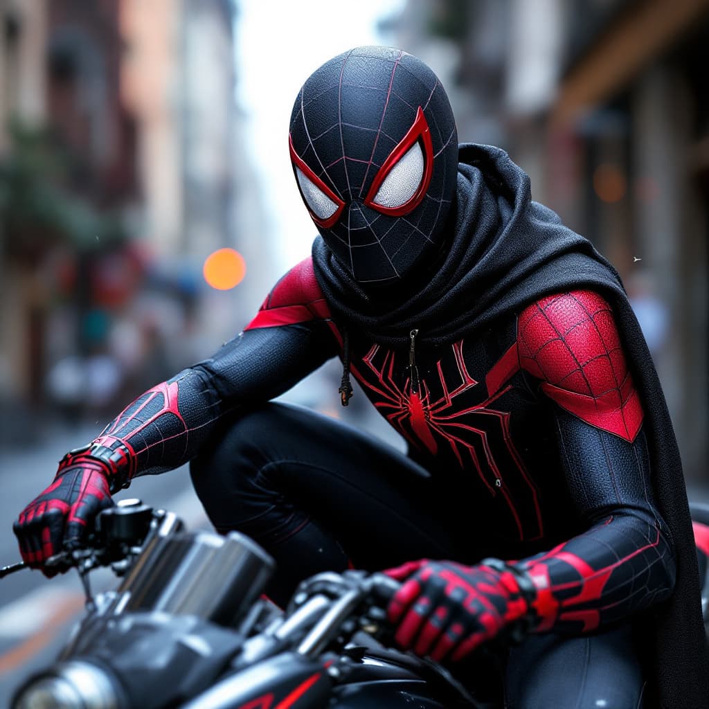 AI generated:  Spider man com trajes nas cores preto e roxo com a cabeça do motoqueiro fantasma