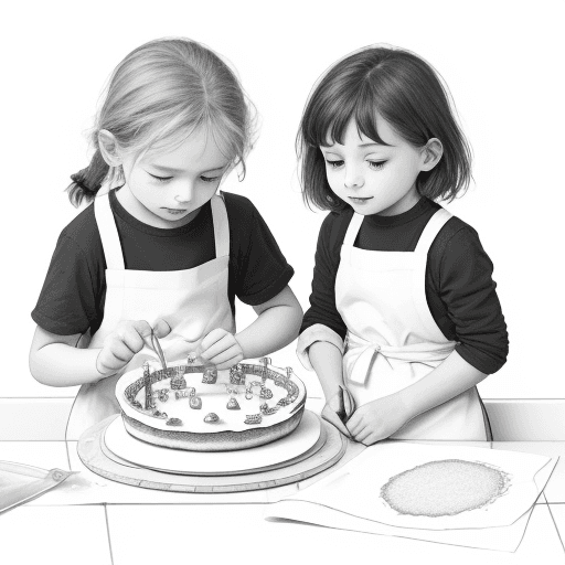 AI generated: drawing of children making a cake without color