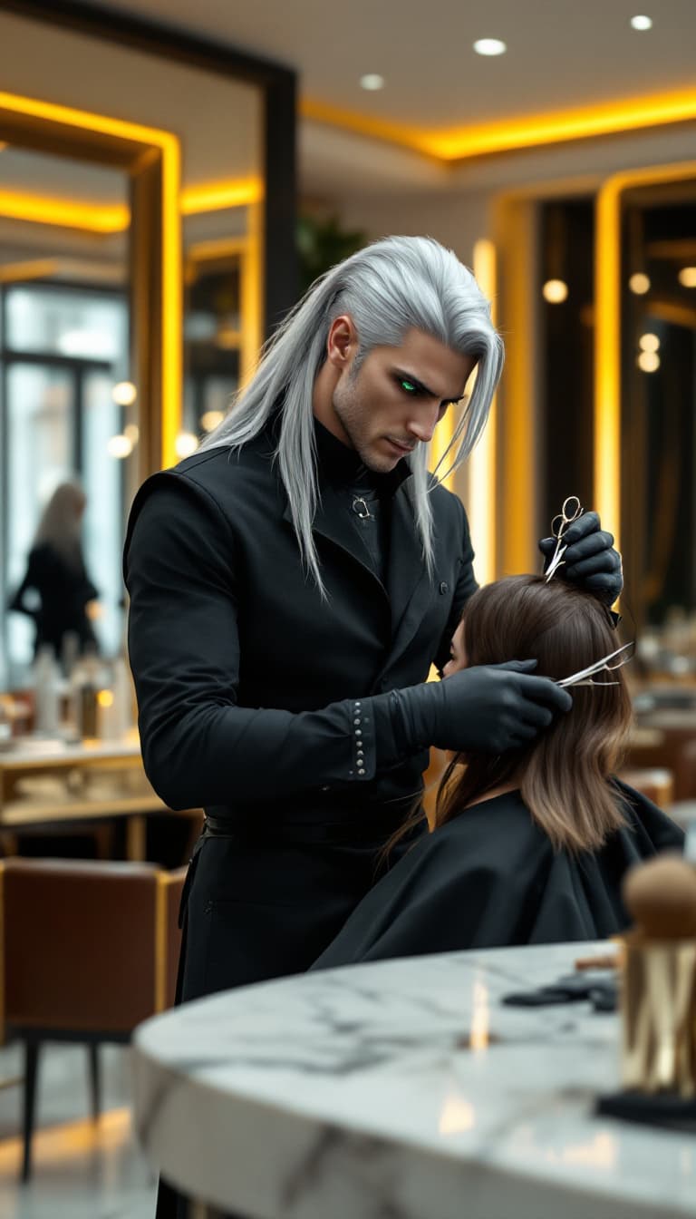 AI generated: A candid, photorealistic shot of a tall clean shaven European man inspired by Sephiroth from Final F...