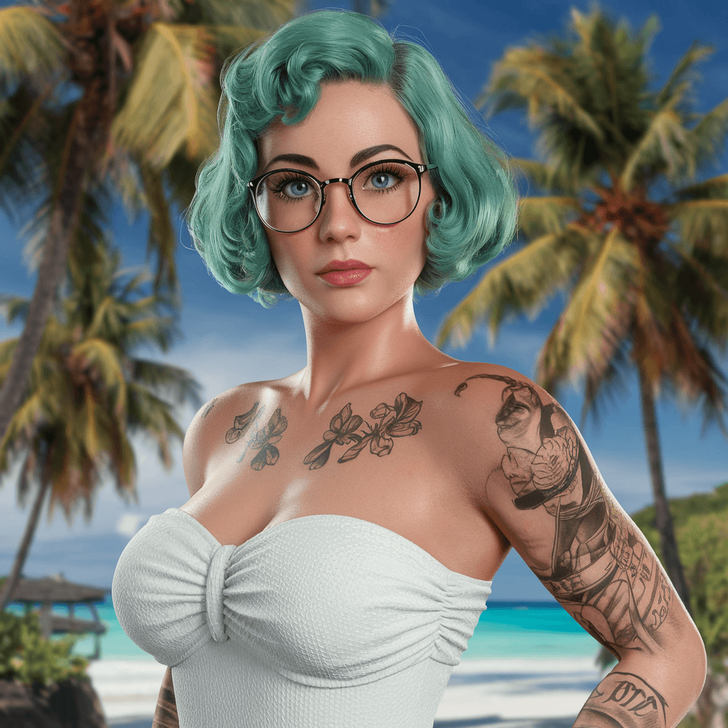 AI generated: full body shot, pinup, japanese, tattoos, (looking at the viewer:1. 6), (short green hair), eyeglass...