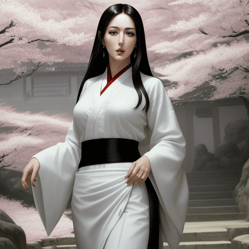 AI generated: Monica Bellucci in full white outfit holding Japanese tshirt and wearing black skirt, in the style o...