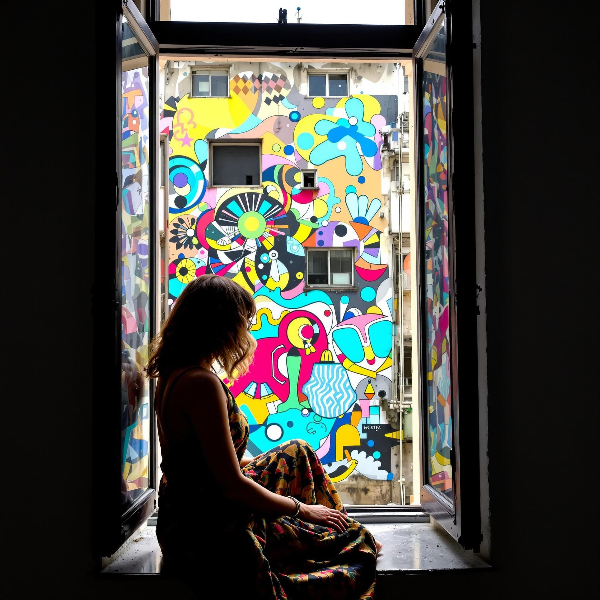 AI generated: a tall open window with a view of a building with a colorful abstract mural, a Indian woman, from th...