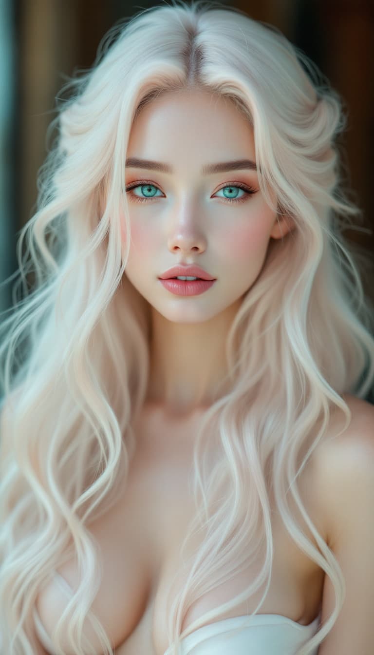 AI generated: Beautiful, long hair, woman with skin made entirely of smooth jade texture, serene look, turquoise e...
