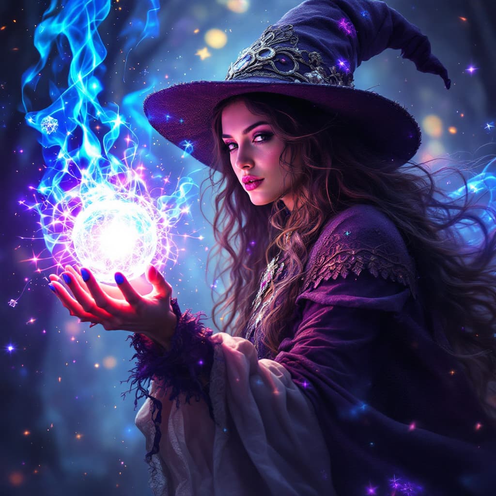 AI generated: Phsycadellic woman wizard with an orb of magic 