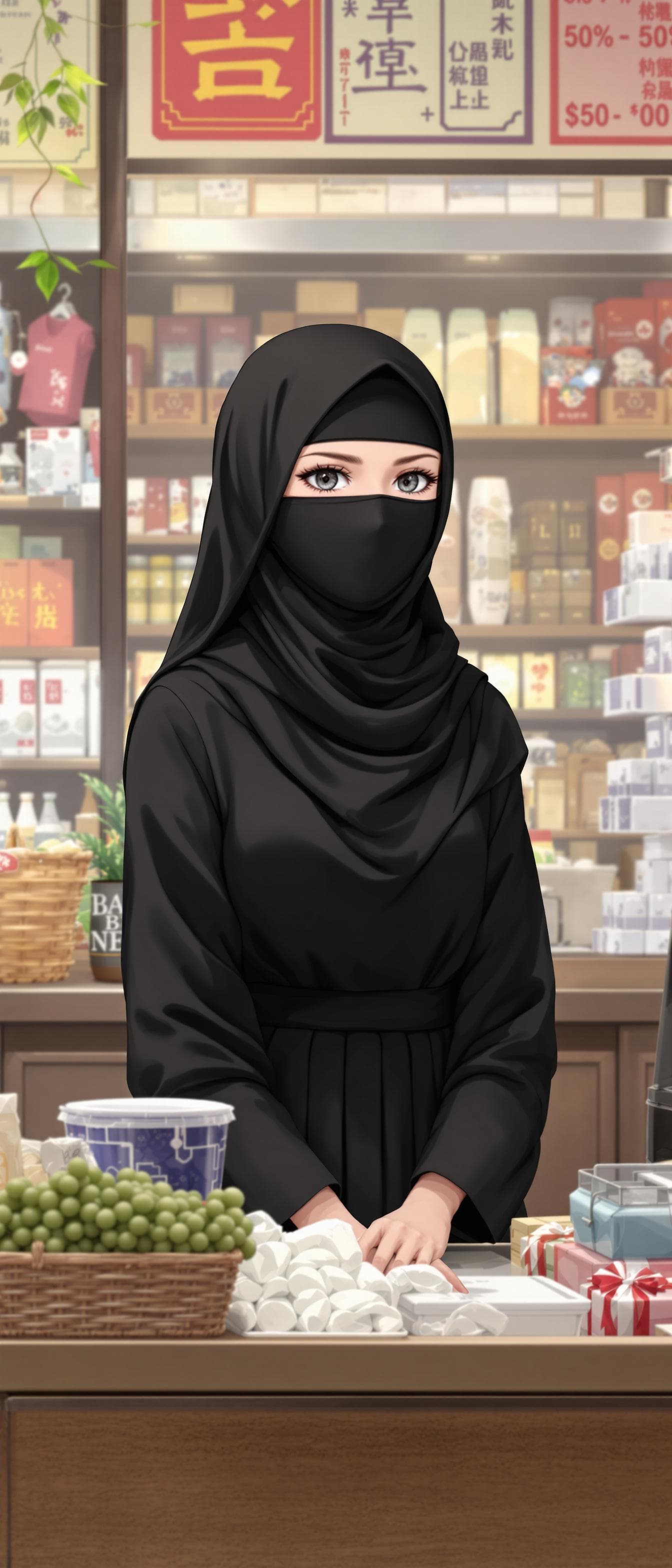 AI generated: anime of a girl, wearing a black hijab with the covering face like a Arabian woman in black clothes,...