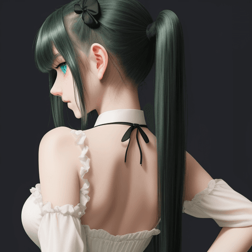 AI generated: Innocence, dark green hair, twintails, Arms behind your back, White dress, black waist tie, A girl, ...