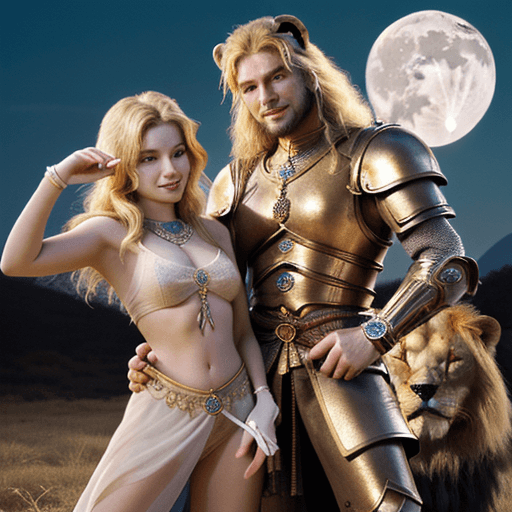 AI generated: Photo of a majestic Lion next to a smiling blonde warrior placing her hand on the lion's paw, ultra ...