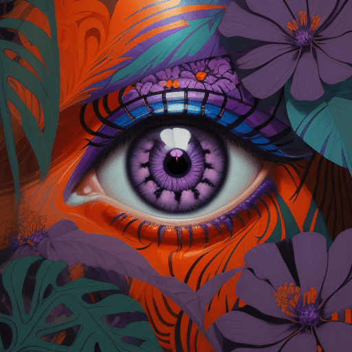 AI generated: a  painting of an eye with purple and orange flowers, in the style of james jean, mysterious jungle,...
