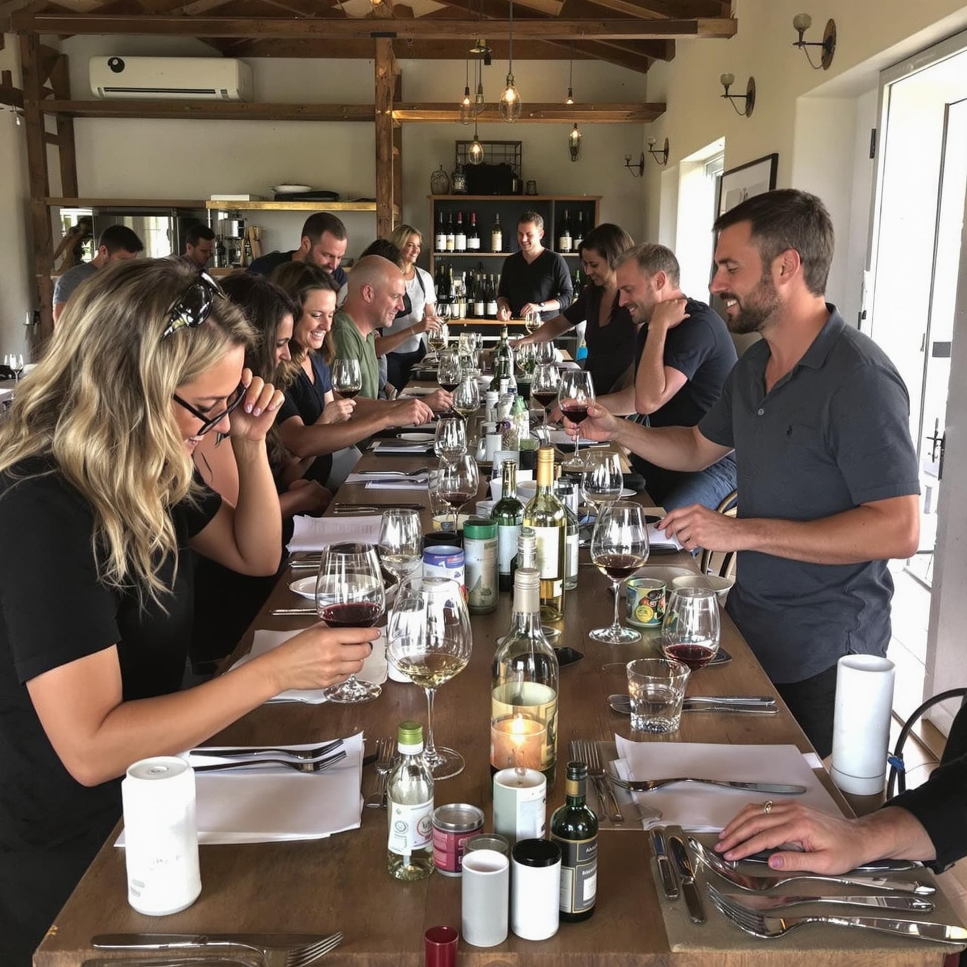 AI generated: wine tasting in portugal, team building, happy group, startup retreat