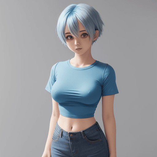 AI generated: cute anime girl short blue hair in tight shirt