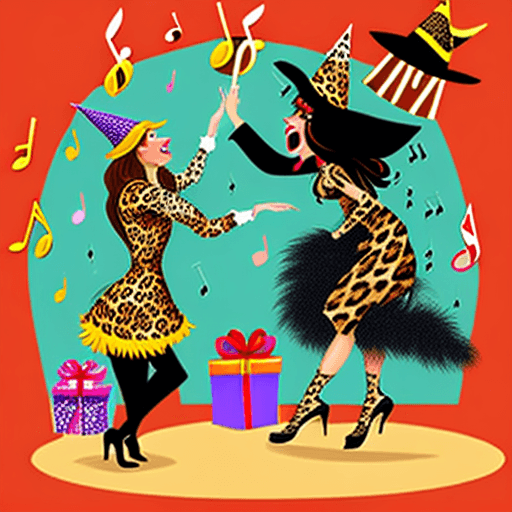 AI generated: A dancing witch dressed in leopard clothing and musical notes in the background, all combined in a b...
