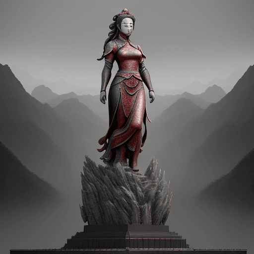 AI generated: a large statue with a woman looking at it, in the style of unreal engine 5, northern china's terrain...
