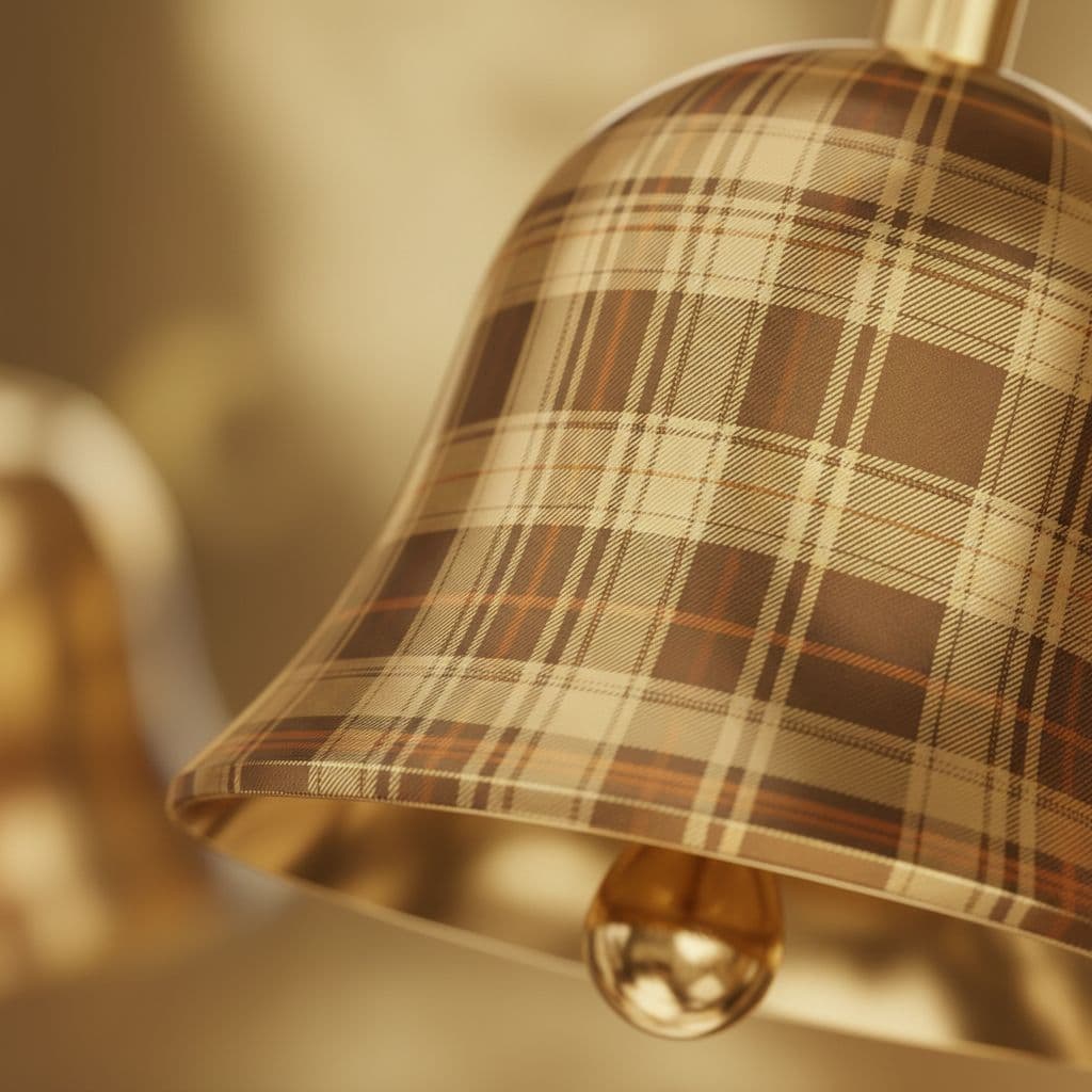 AI generated: Macro of golden tartan-patterned bell with beveled edges, smooth metallic shine.