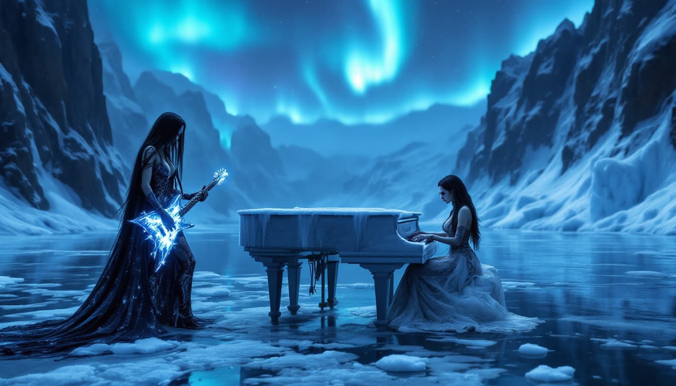AI generated: A closeup of the gothic guitarist and pianist both with big breasts perform a haunting duet on a fro...