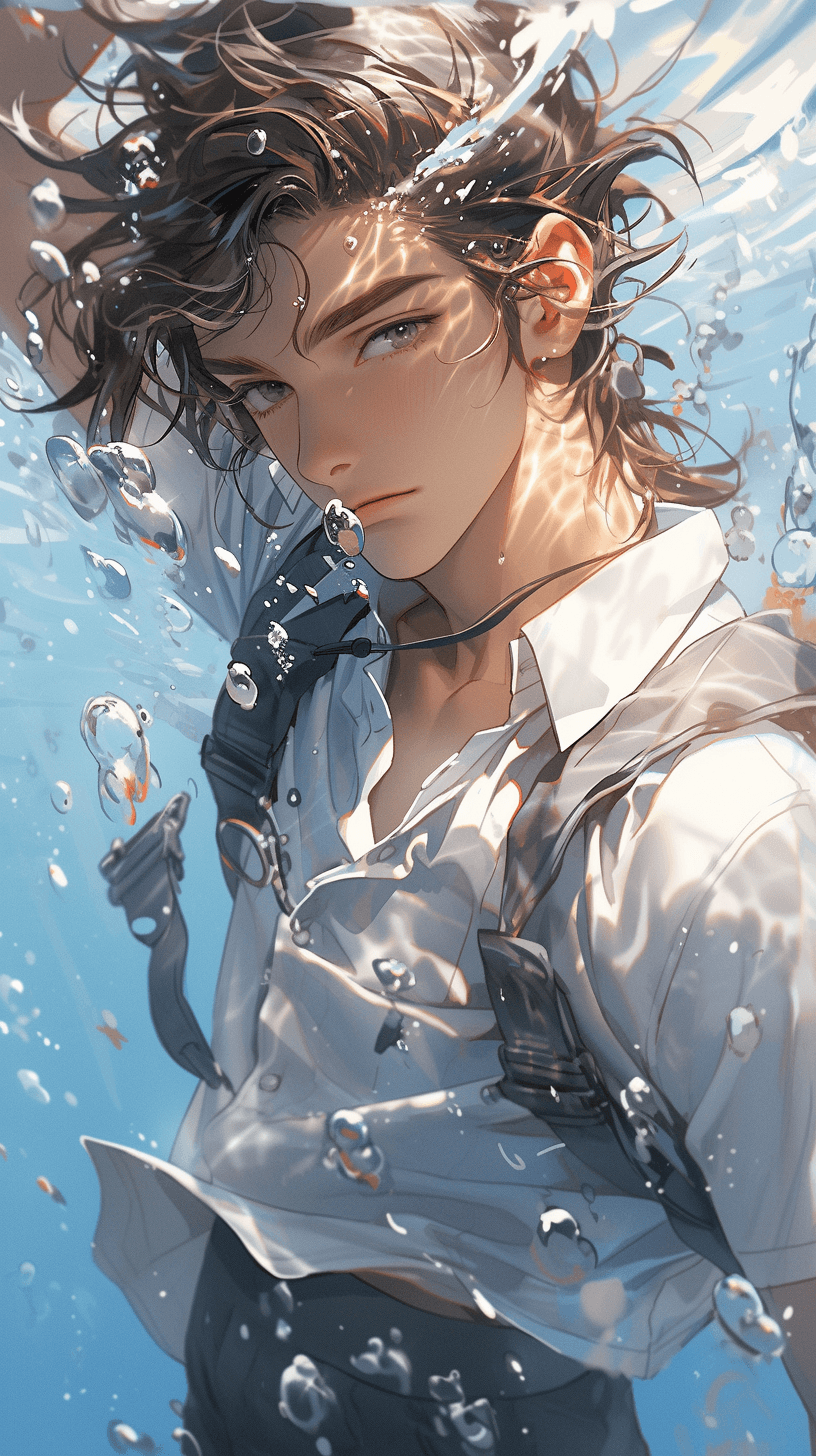 AI generated: A handsome China boy is underwater, China supermodel, abdominal muscles, unbuttoned white shirt, gra...