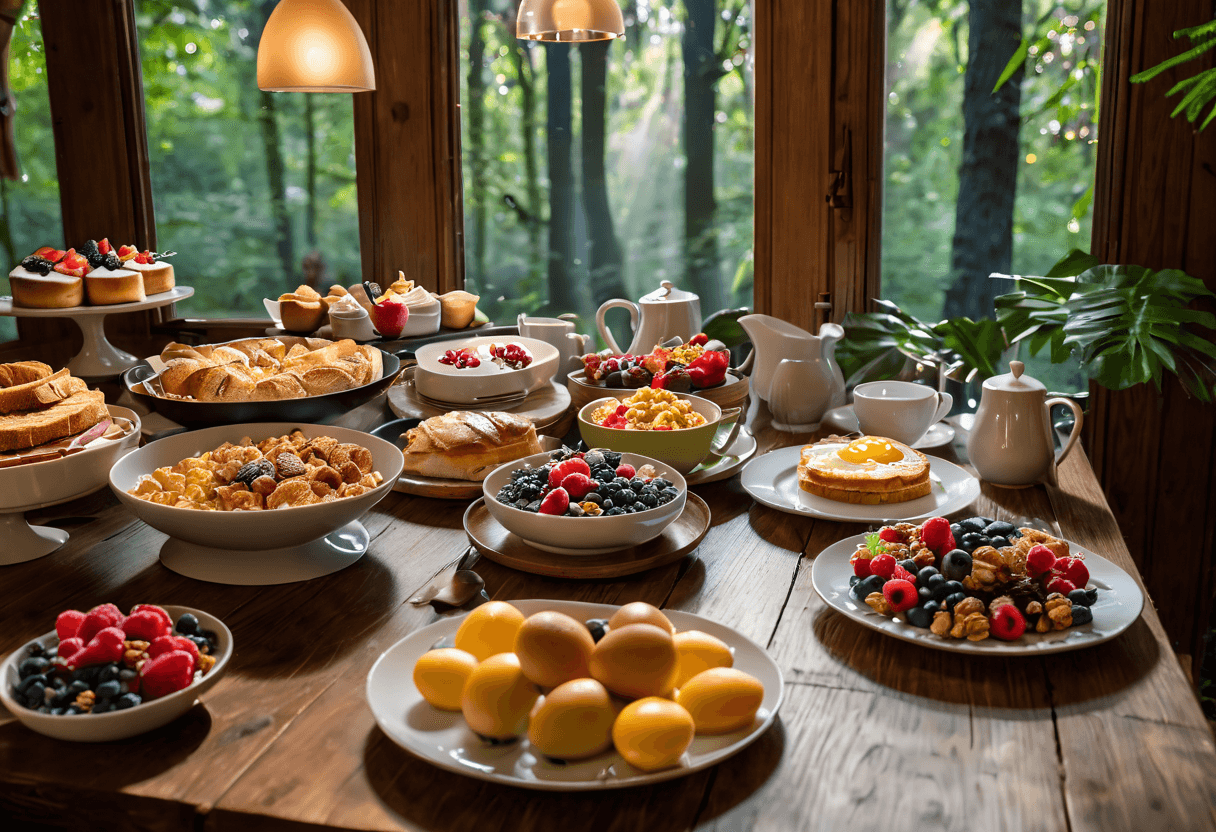 AI generated: Dutch angle shot of a (varied breakfast buffet on a wooden table, fantastic lighting, masterpiece, h...
