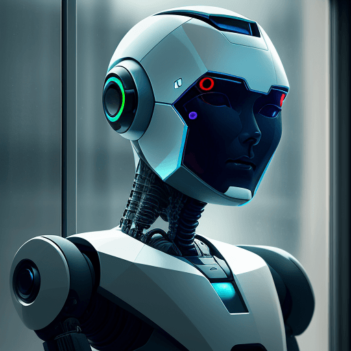 AI generated: Robot standing in front of the window, sitting robot close-up, human-faced robot, close-up humanoid ...