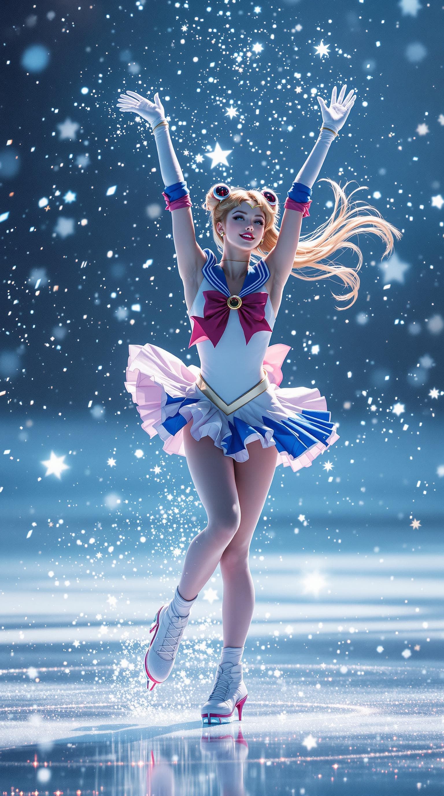 AI generated: Full length shot (FLS) of a beautiful Sailor Moon ice dancing, photorealistic, Hasselblad Camera, 8k...