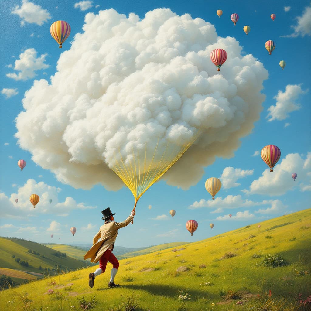 AI generated: Surreal oil painting. In the foreground, a man trying to catch, with a large yellow net, a cloud in ...