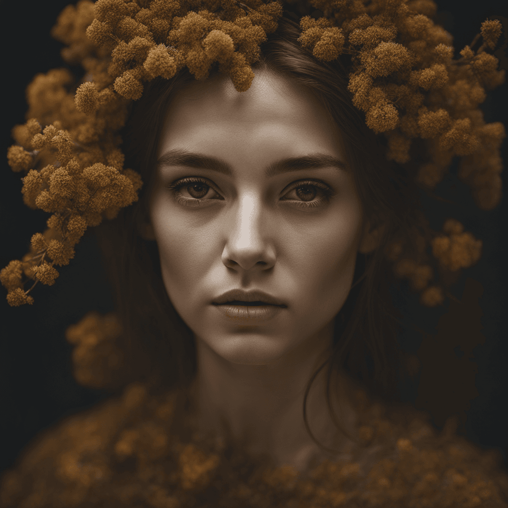 AI generated: Realistic, portrait, a beutiful woman, beautiful, young female face made of dried flower. by Alessio...