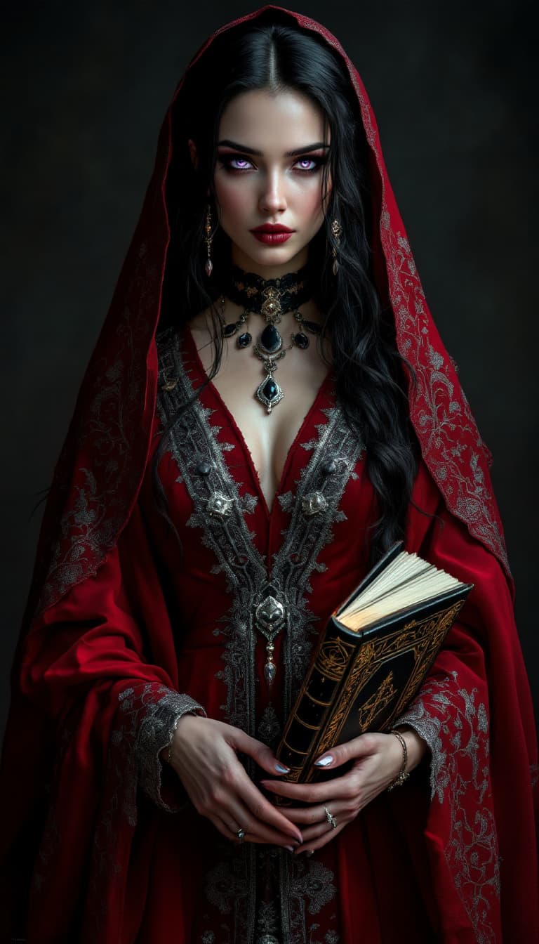 AI generated: An ultra-realistic, full-body portrait of an enigmatic crimson sorceress, emanating an aura of ancie...