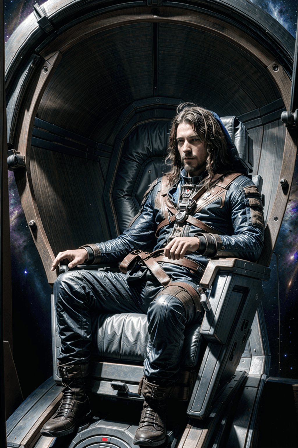 AI generated: full body ,head to toe image ,old Space pirate sitting in spaceship chair looking at dark universe ,...