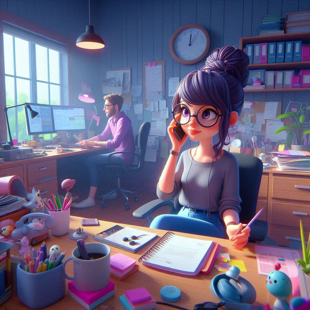 AI generated: 
girl in his work office, bright color, disney style, 3D rendering, best quality, 8K, front lightin...
