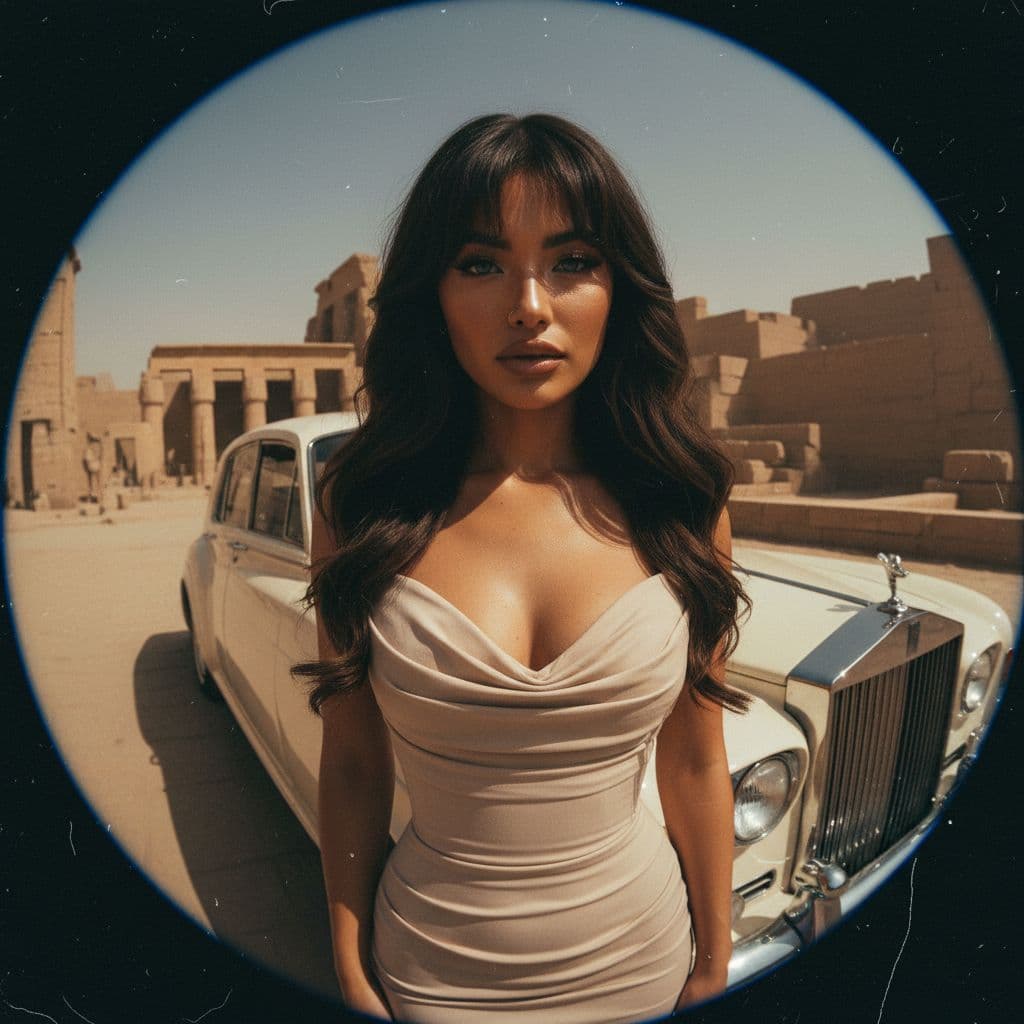 AI generated: A ultra realistic photo of a girl standing next to a Rolls-Royce, Her eyes are bright, cool blue wit...