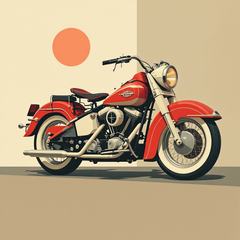 AI generated: Harley-Davidson motorcycle reimagined in an abstract mid-century modern style, featuring geometric s...