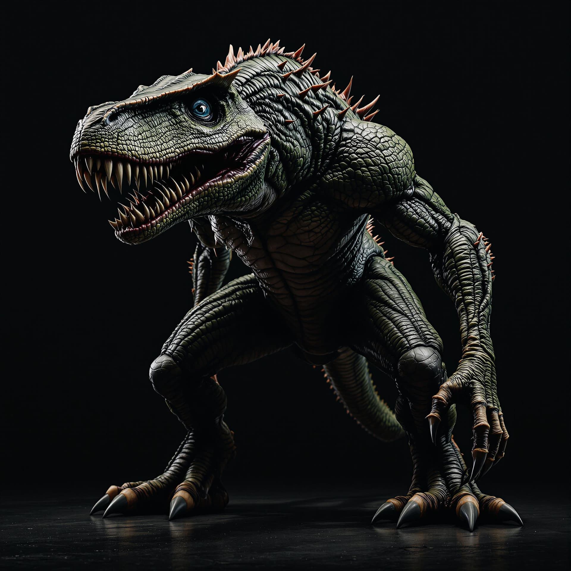 AI generated: prehistoric jungle (mutant dinosaur::1.2), (T-Rex hybrid::1.1), (muscular horror creature::1.3), (ov...