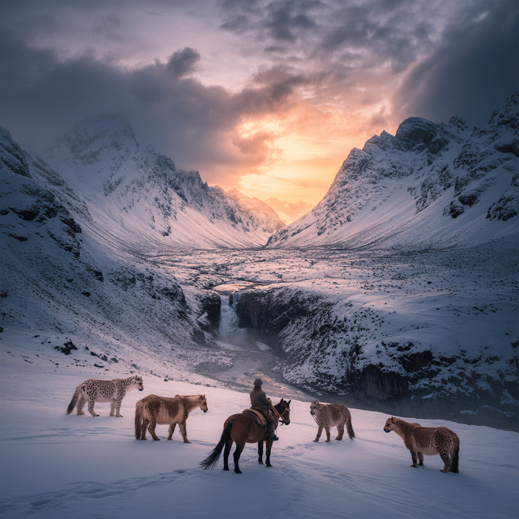 AI generated: Deep color, windy, snowy valley, with steep mountains around, deeply detailed 4k, drone-like view fr...