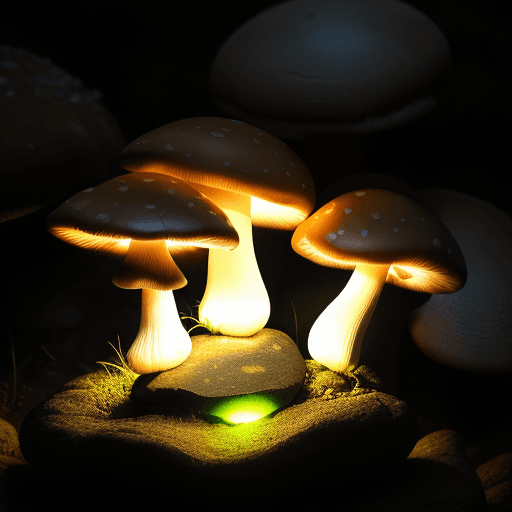 AI generated: some mushrooms growing on a rock and glowing.
