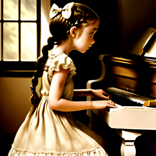 AI generated: award winning photograph, a young girl in a tan lace dress, hair in braids and bows, playing a paint...