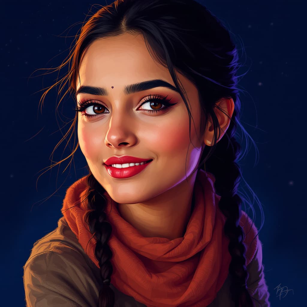 AI generated: Craft a high-resolution portrait of a female who looks like Krunal Sanghavi, his height is 6 ft tall...