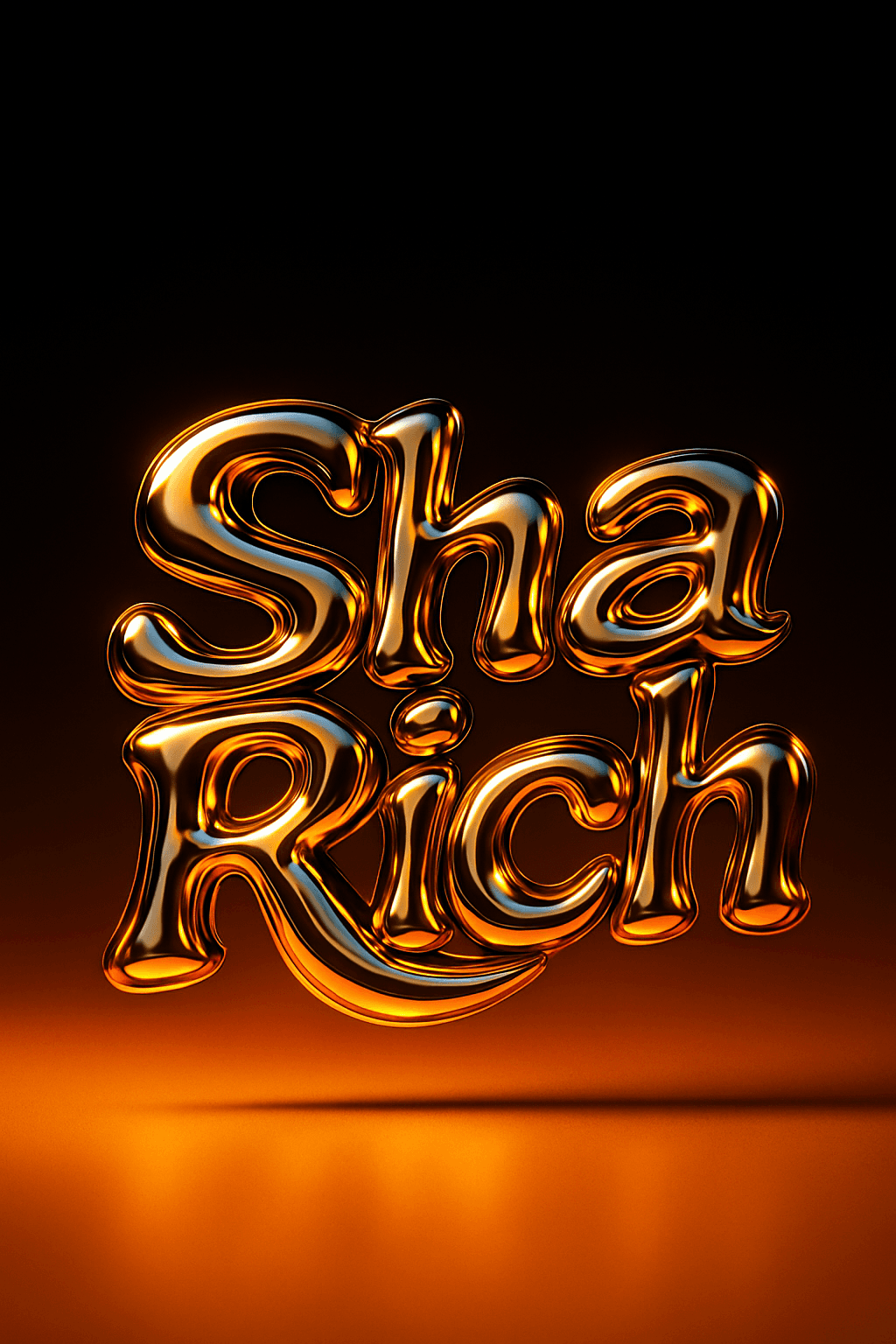 AI generated: A 3D metallic chrome text logo that says "ShaRich", designed in a fluid, molten style with reflectiv...