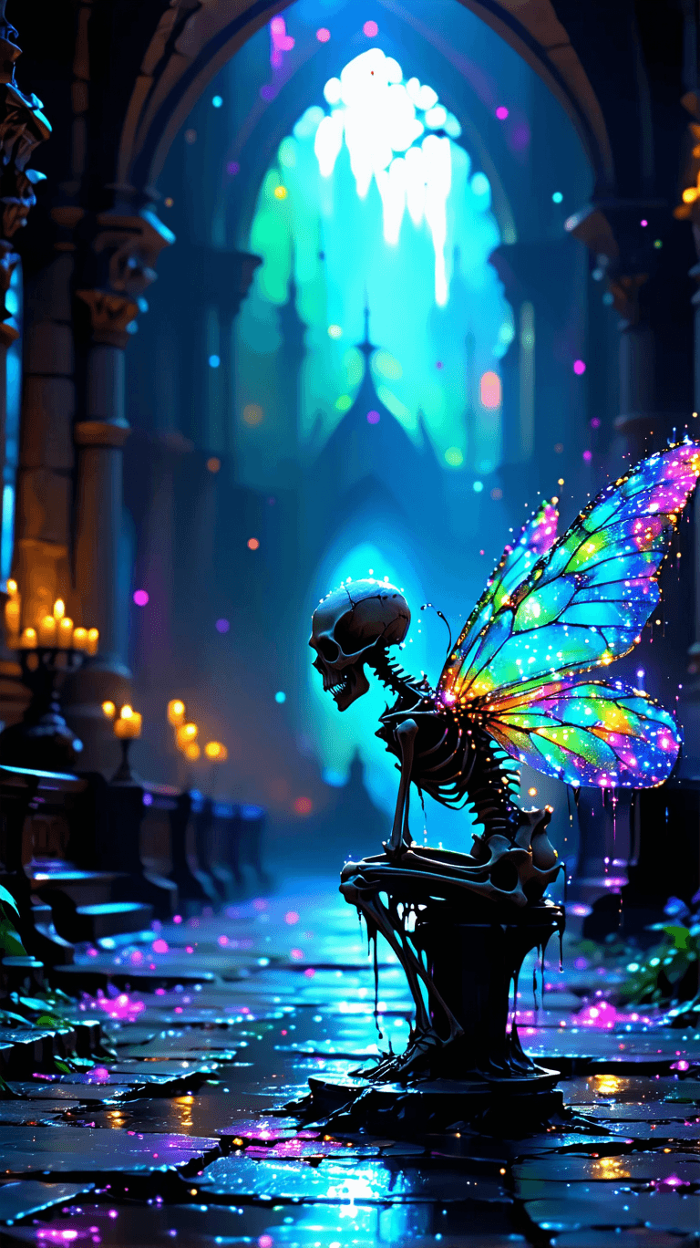 AI generated: A skull fairy, Grunge media RGB glitchy dot matrix,haunted cathedral room background,,ultrarealistic...