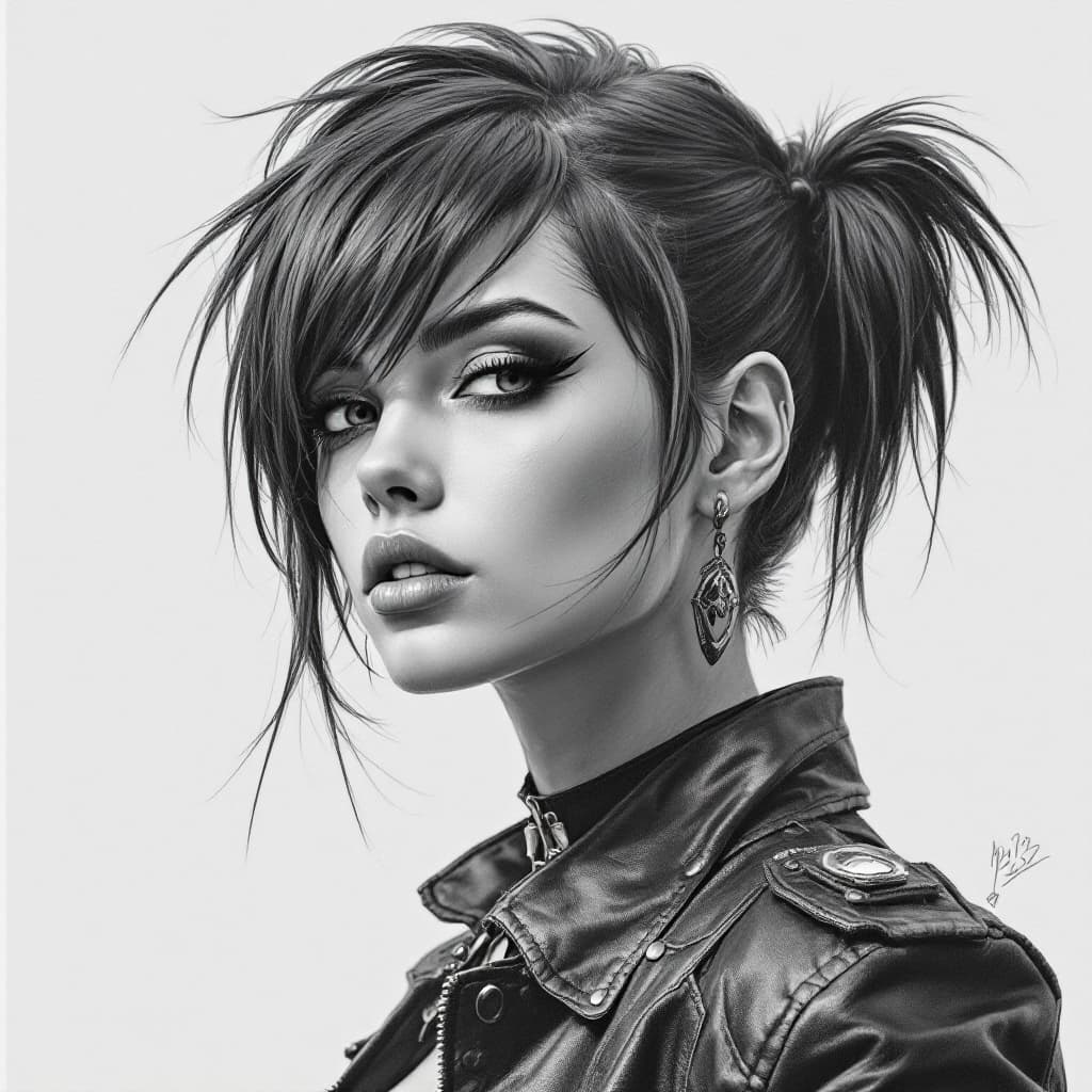 AI generated: make a ultrarealistic  picture of a 35 year old punk female with a mod hairstyle , showing her torso...