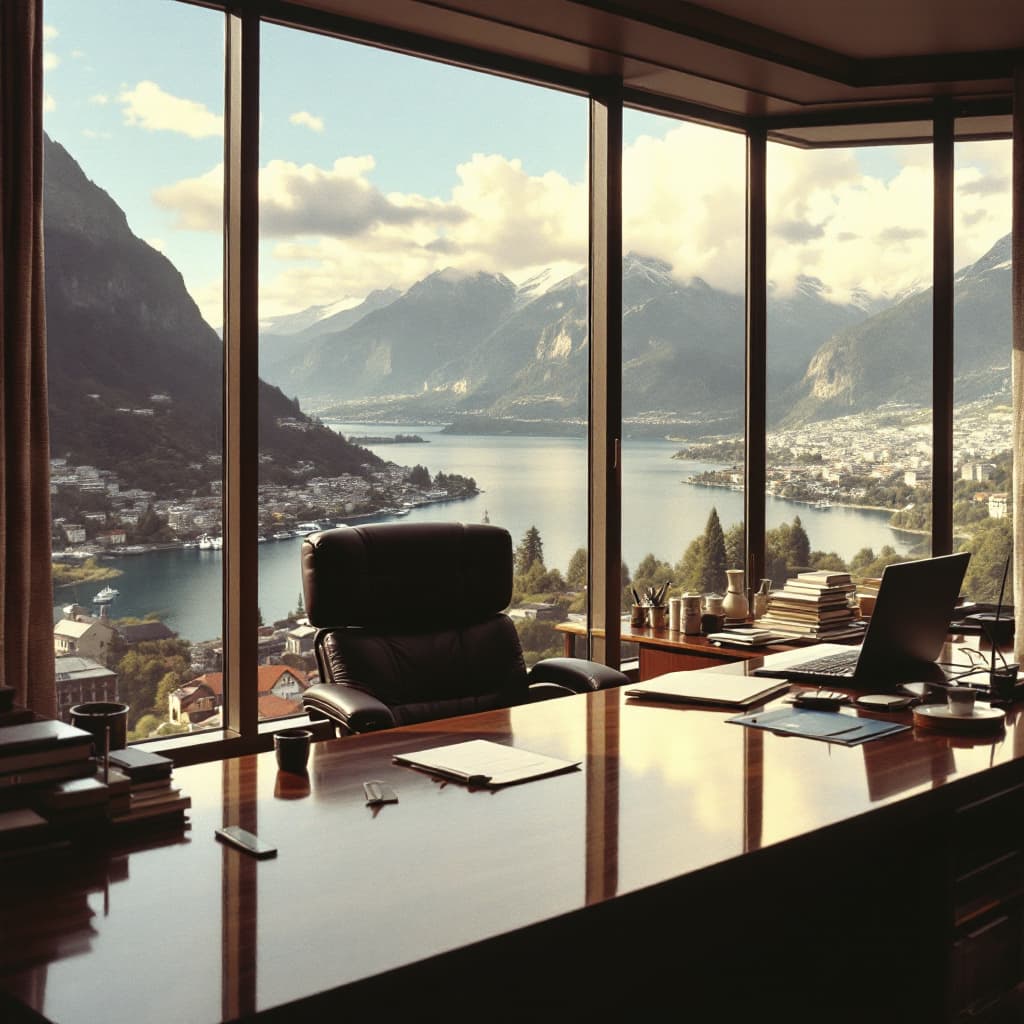 AI generated: An office of a Swiss executive in the early eighties, sitting at his desk with large windows overloo...